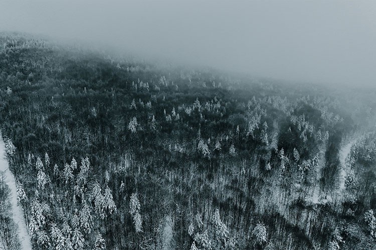 Çam Dağı'nda karla kaplanan ormanlar dron ile görüntülendi