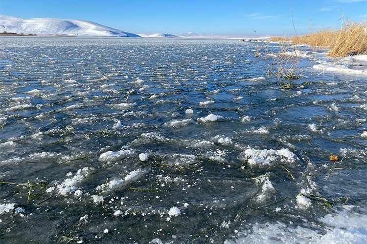Çıldır Gölü'nün yüzeyi kısmen dondu
